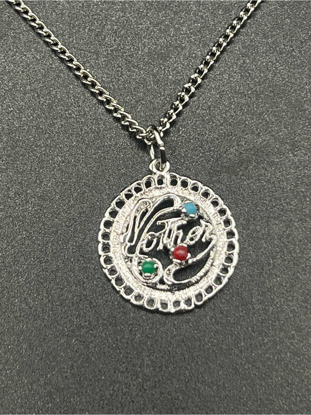 Vintage Mother Pendant Necklace with Turquoise, Red & Green Accents